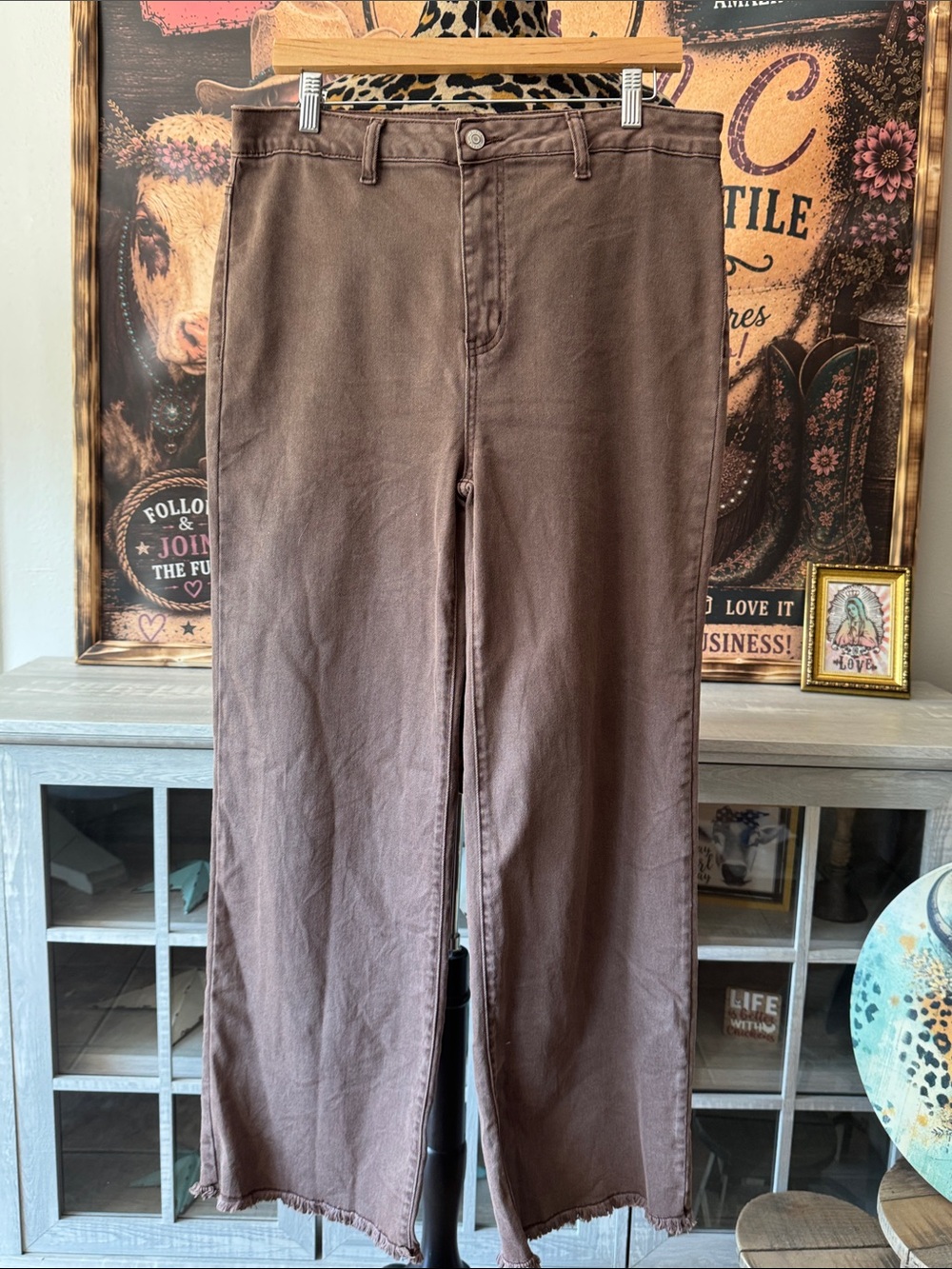 Zenana Women's XL Frayed Wide Leg Casual Pant in Classic Brown